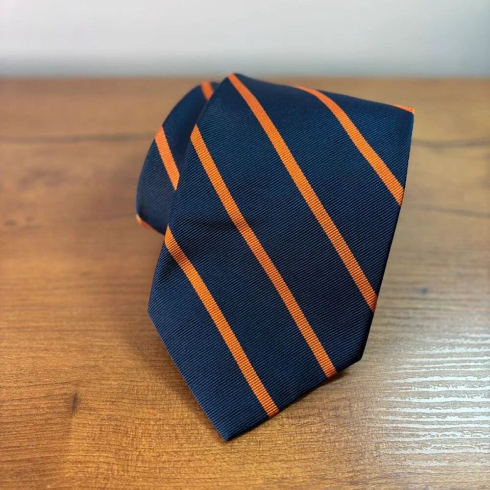 Jos A Bank Silk Tie Navy Blue Orange Diagonal Stripe UVA Virginia Prep USA Made